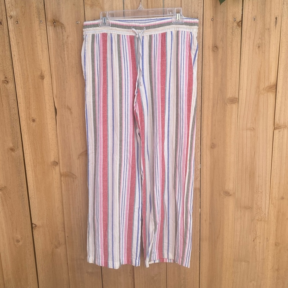 Old Navy Sz M Linen Wide Leg Striped Beach Pants Pink Blue Drawstring Pull On - Picture 2 of 9